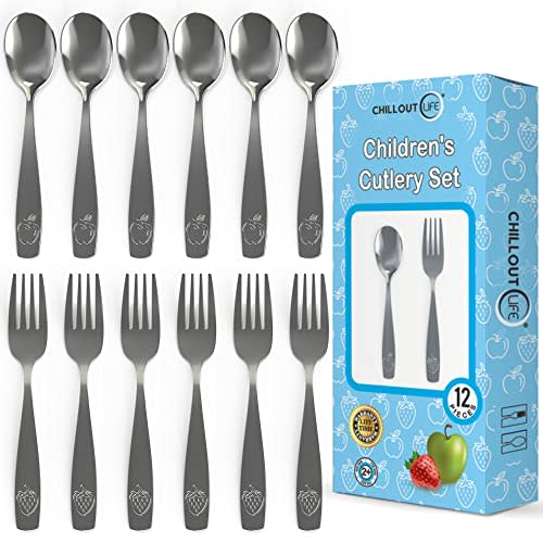 CHILLOUT LIFE Stainless Steel Kids Silverware Set 12 Pieces - Child and Toddler Safe Flatware - Kids Utensil Set - Metal Kids Cutlery Set (Includes 6 Small Kids Spoons & Kids 6 Forks)