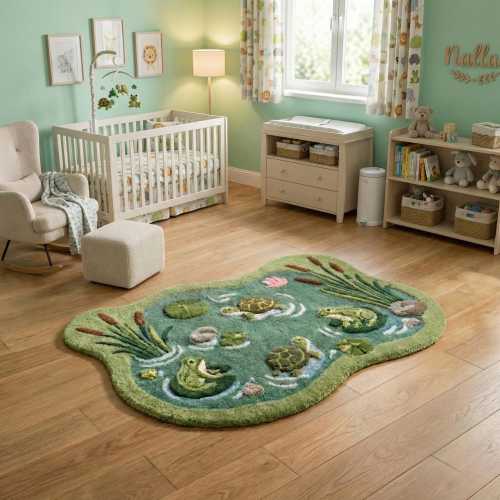 Frog Pond Rug Tufted Green 3D Plush Area Carpet, Whimsical Kids Bedroom or Nursery Decor, Nature-Inspired Playful Floor Rug