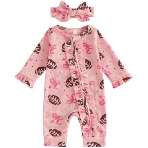 Baby Girl Football Outift Football Bow Print Romper Headband Fall Clothes