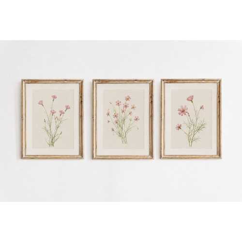 Set of 3 Vintage Pink Wildflower Botanical Prints, Feminine Wall Art (Digital Download)