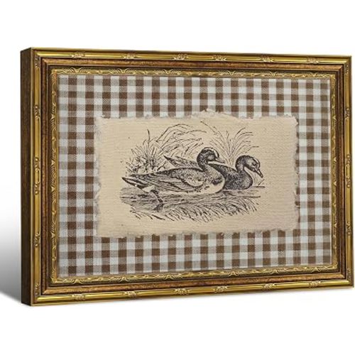 Vintage Gold Framed Duck Canvas Wall Art, Farmhouse Checkered Mallard Duck Sketch Painting Style Print, Rustic Countryside Wall Decor for Kitchen, Living Room, Bedroom, 9x11 in