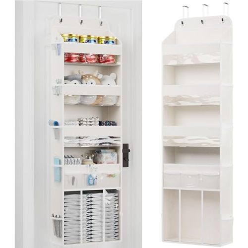 OneDream 5-Tier Over the Door Organizer with Removable Storage Caddy, Baby Clothes Organizer for Nursery, Hanging Behind Door Storage with Clear Pockets and Side Mesh Compartments, Beige