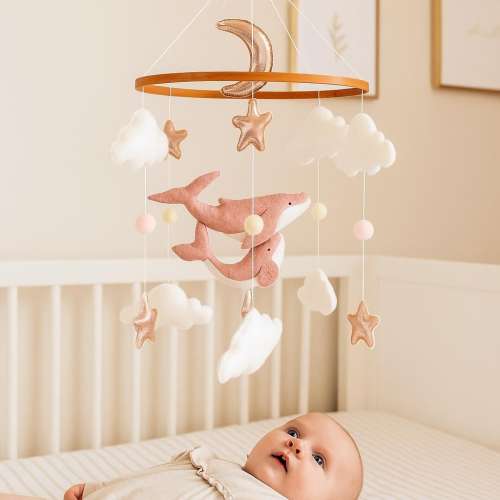 Whale Mobile: Pink Felt Mom & Baby, Golden Stars Nursery Decor