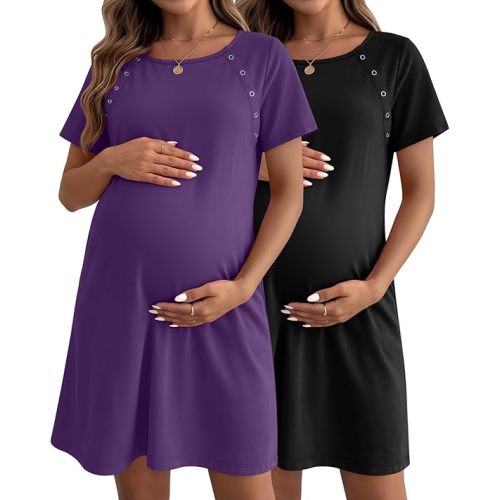 Huukeay 2 Pack Labor and Delivery Hospital Gown Women Nursing Birthing Maternity Dress 3 In1 Breastfeeding Buttons Pjs Robe