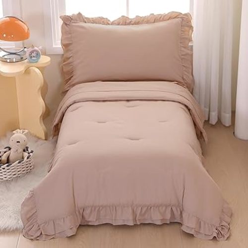 Toddler Bedding Set for Girls, 4 Piece Double Ruffles Soft and Breathable Toddler Bed Sheets with Boho Toddler Comforter, Fitted Sheet, Flat Sheet and Pillowcase, Khaki