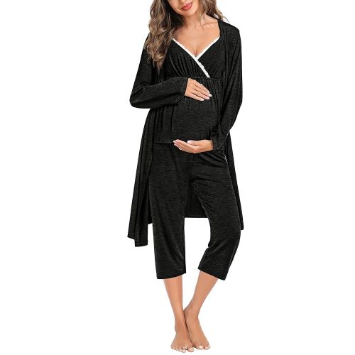 SWOMOG Maternity Nursing Robe Set 3 Piece Breastfeeding Pajamas 3 in 1 Labor Delivery Sleevless Tops&Long Pants Pregnancy Pjs