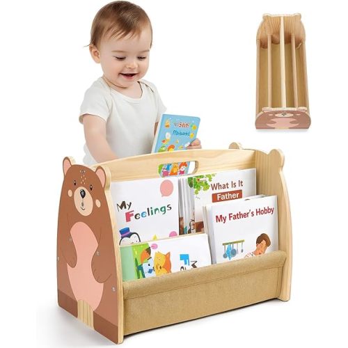 Toddler Bookshelf Double-Sided with 4 Tier Deep Sleeves Kids Wooden Montessori Book Rack for Baby Nursery Room, Playroom, Classroom or Bedroom Bookcase Storage Organizer, Brown Bear