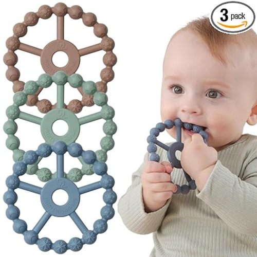 3 Pack Ring Teether Baby Infant Toys, Baby Essentials, Silicone Teething Ring Toys for Babies 0-6 Months, Seposeve Toddler Teethers 6-12 Months 12-24 Months, Infant Teething Relief, Brown Green Blue