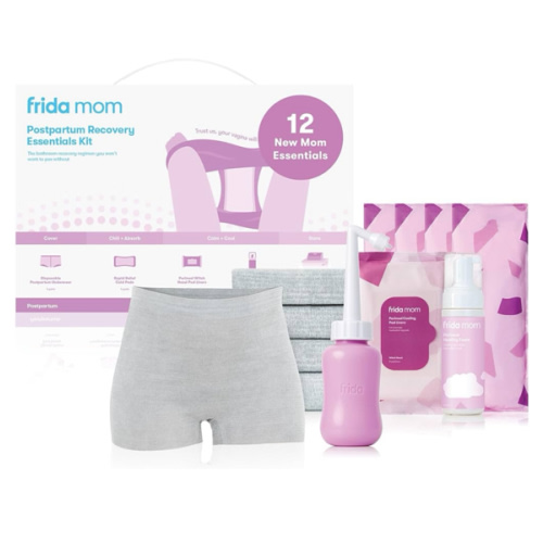 Frida Mom 11pc Postpartum Essentials Kit Gift Set, Hospital Bag Must Haves for New Mom, Includes 4 Disposable Postpartum Underwear, 4 Ice Maxi Pads, Perineal Healing Foam & 24 Pad Liners & Peri Bottle
