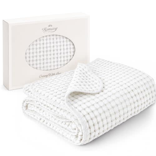 Konssy Waffle Baby Blanket for Boys & Girls, Soft Newborn Swaddle Blanket | Waffle Knit, Cozy Crib Blanket Neutral for Nursery, Stroller & Toddler Bed, Machine Washable, 41" x 37"(White)