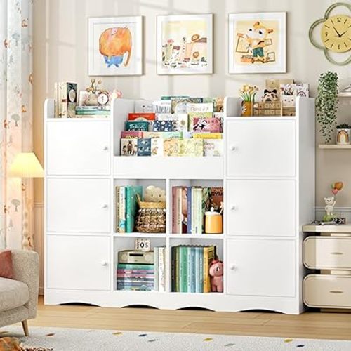 FINETONES Toy Shelf and Kids Toy Storage, 55" W Kids Bookshelf Large Toy Organizers and Storage with 10 Storage Cubbies, Toy Organizer and Chest with Raised-Edge Top Shelf for Playroom, White