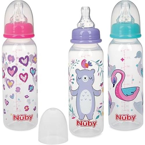 Nuby Printed Non-Drip 8oz Baby Bottle, 3 Pack, Girls, 0+ Months