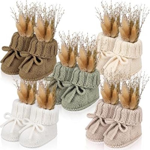 Jiuguva 5 Set Baby Shower Table Decorations Crochet Knit Baby Boots with Mini Dried Pampas Grass Floral Set for Gender Reveal Newborn Nursery Boho Table Centerpieces Party Decor