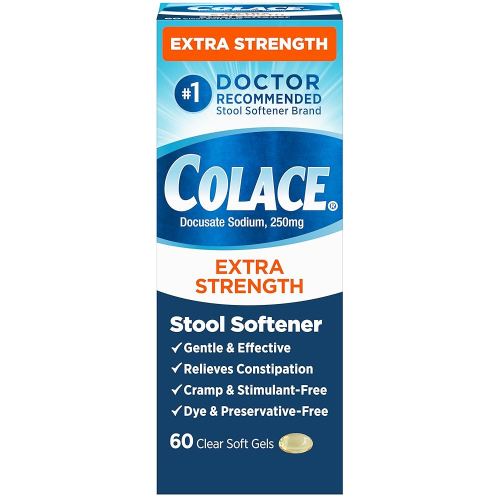 Colace Extra Strength Stool Softener for Gentle Effective Constipation Relief, #1 Doctor Recommended Stool Softener Brand, 250 mg Docusate Capsules, 60 Count (Pack of 1)