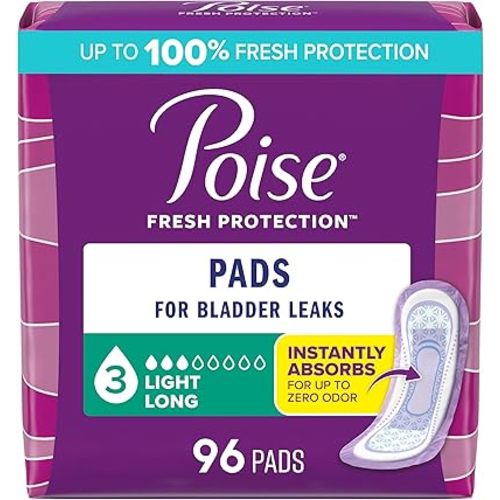 Poise Incontinence Pads & Postpartum Incontinence Pads, 3 Drop Light Absorbency, Long Length, 96 Count (4 Packs of 24), Packaging May Vary