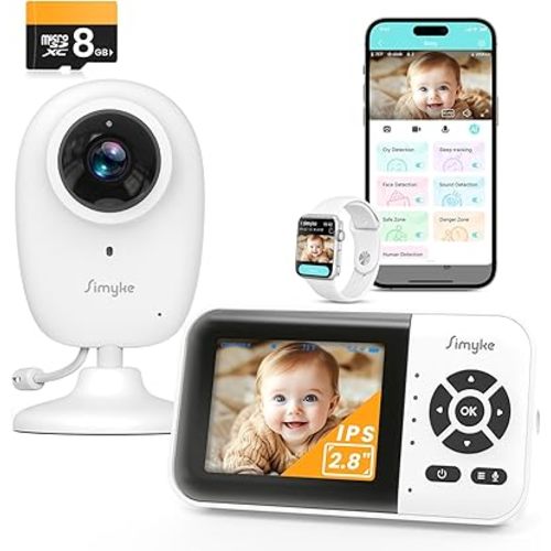 Simyke Smart Baby Monitor with SD Card,WiFi 1080P AI Cam with Phone App,2.8'' IPS Display,AI Face Tracking&Sound Detection,Auto Night Vision,2-Way Talk,Multi-User,Triple Security,1500ft Long Range