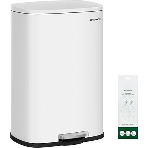 SONGMICS 20-Gallon (75 L) Trash Can, Stainless Steel Kitchen Garbage Can, Recycling or Waste Bin, Soft Close, Step-On Pedal, Removable Inner Bucket, White ULTB075WZ01