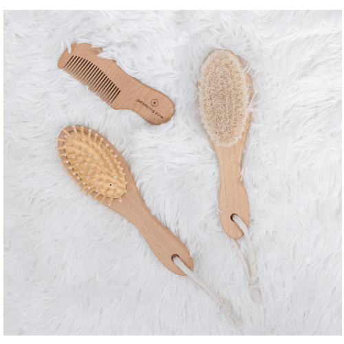 Natural Baby Brush Set - Wooden Brushes and Comb With Boho Travel Bag for Girl or Boy - Soft Goat Hair Brush for Cradle Cap, Bamboo Toddler Brush, Newborn Hairbrush for Scalp Grooming