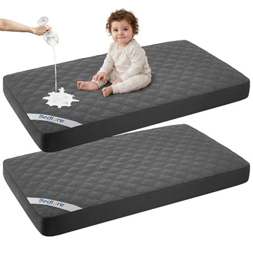 Waterproof Crib Mattress Protector 2 Pack, Soft and Breathable Crib Mattress Pad Cover, Noiseless Machine Washable Toddler Mattress Protector for Standard Baby Toddler Bed (52''x28'',Gray)