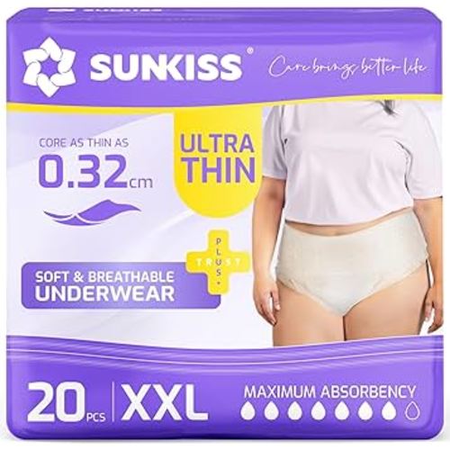 SUNKISS Ultra Thin Incontinence Underwear for Women, High Absorbency & Super Soft Postpartum Diapers, Disposable Adult Pull Ups, XXLarge, 20 Count