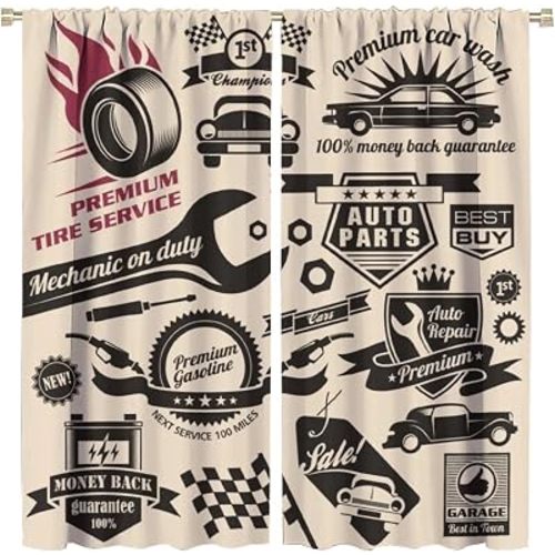 Vintage Curtains, Auto Repair Store Logo Monochrome Car Silhouette, Best Garage in Town, Living Room Bedroom Curtains 2 Panels, 42 X 45 in. Beige Coral