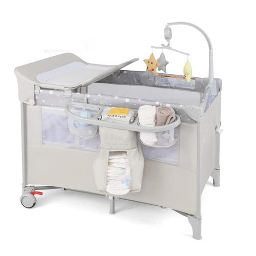 BABY JOY 5-in-1 Pack and Play, Portable Baby Bedside Sleeper with Bassinet, U-Shaped Diaper Changer, Safety Strap, Side Zipper Entrance, Hangings, Bedside Crib Playard from Newborn to Toddlers (Beige)