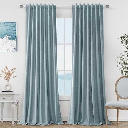 Guken Blue Linen Blackout Curtains 84 Inch Length 2 Panels Set for Living Room Bedroom Back Tab Thermal Insulated 100% Black Out Linen Drapes Room Darkening Window Curtains 84 Inches Long Dusty Blue
