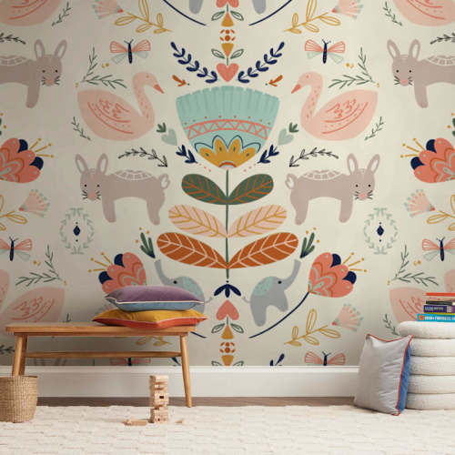 Folk Animal and Floral Children's Wall Mural by Angel Walker