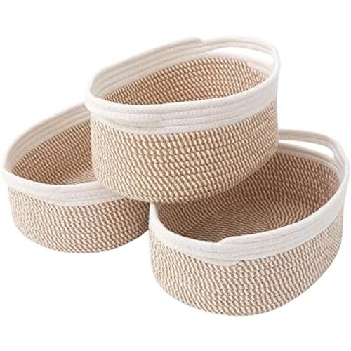 Woven Basket,Small Rope Storage Bin with Handles & Ribbon Bag, Organizer for Shelves Closets,Gift Basket Empty for Birthday,Books,Dog Toys, White&Brown Block/3 Pack