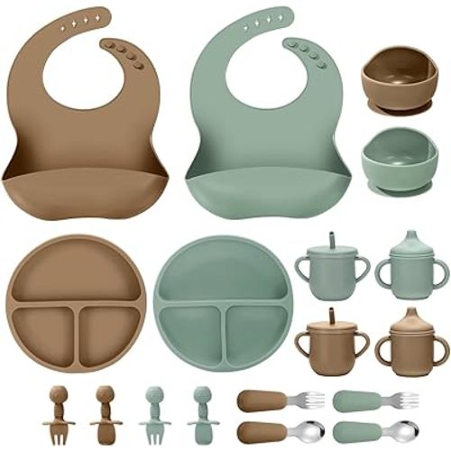 Silicone Baby Feeding Set, 18PCS Baby Led Weaning Supplies, Eating Essentials Utensils with Suction Plate and Bowl, Adjustable Silicone Bib, for 6+ Months (Green+Brown)