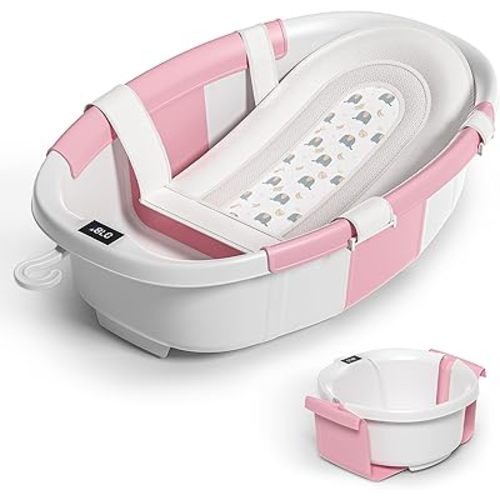Collapsible Baby Bathtub for Newborn to Toddler 0-36 Months,Extra Large Foldable Infant Bath Tub with Thermometer,Cushion & Drain Hole,Portable Travel Tub, Baby Shower Gift Pink