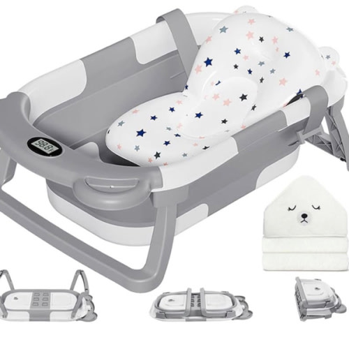 MoreFeel Collapsible Baby Bathtub for Newborn with Thermometer & 1 Hooded Towel & 1 Soft Floating Cushion,Portable Travel Bathtub with Drain Hole, Durable Foldable Baby Tubs for Infants to Toddler