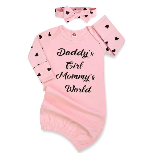 Newborn Baby Girl Gown 0-6 Months, Baby Girl Nightgowns, Babies Girls Gift, Little Sister Newborn Outfit and Coming Home Outfits with Headband Set Pink