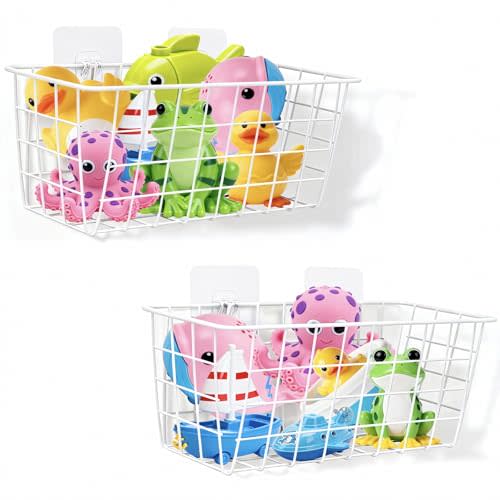 Hanging Bath Toy Storage Basket - 2 Pack Metal Bath Toy Holder with Hooks - Bathtub Toy Storage Organizer for Bath Shower Bathroom(White)