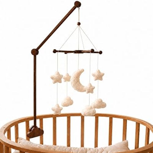 Crib Mobile Arm with Mobile, 35.4 Inch Wooden Baby Mobile Holder and Boucle Moon Cloud Star Mobile Set, Cloud Clamp, Only Wood Touches Your Crib, Handmade, Walnut Color