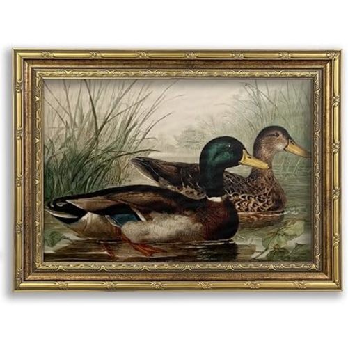 Gold Framed Vintage Mallard Canvas Wall Art,Country Duck Picture Wall Decor