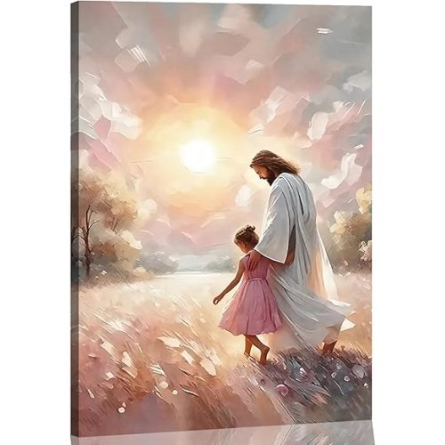 Jesus and Girl Wall Art Christian Poster Painting Jesus and Children Canvas Art Print Soft Pink Sunset Landscape Wall Decor Picture For Baby Girl Room Nursery Room Living Room Bathroom Religious Decorations 12*16 in (Canvas)