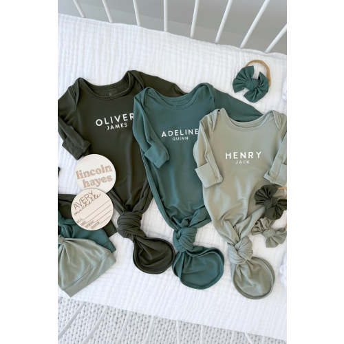 Personalized Bamboo Newborn Baby Knot Gown & Hat | Garden Greens - Block