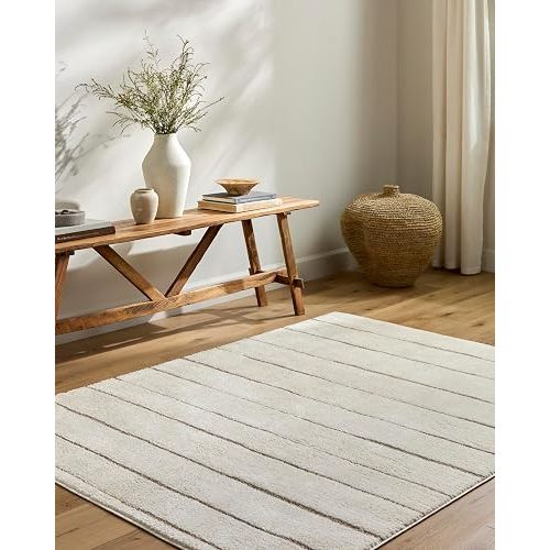 Livabliss x Our PNW Home Cascade Minimalist Striped Area Rug, 6'7" x 9', Striped Ivory/Taupe