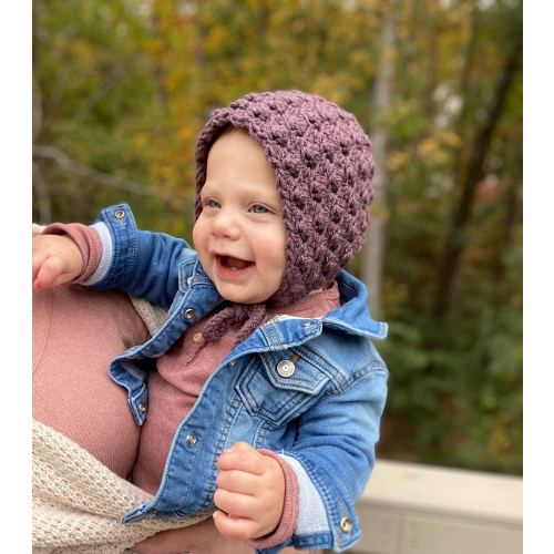 Crochet Baby Bonnets in Linen, Lilac, Lavender, Merlot, Tea Rose and Dusty Pink from sizes Newborn to Toddler, Baby Shower Gift for Girls