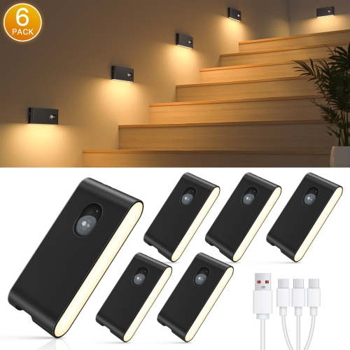WILLED Stair Lights Indoor, Rechargeable Motion Sensor Night Lights, Battery Operated, Warm White, Wireless Stick on Light for Hallway Entry Stairs Bathroom Kitchen Garage Laundry, 6 Pack