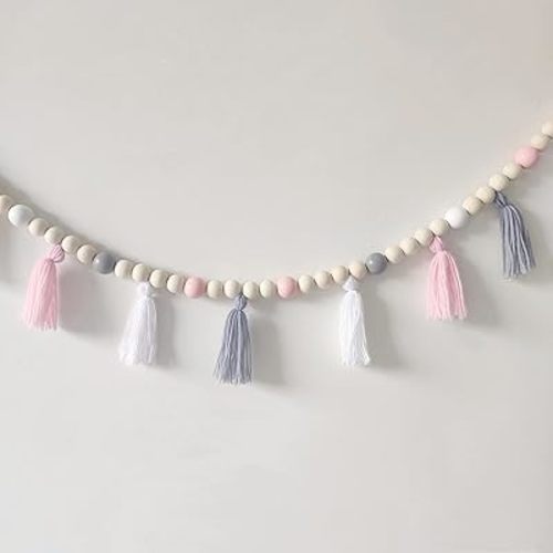 59" Tassel Garland With Wood Beads - Boho Nursery Decor, Wall Decor for Dorm/Living Room/Bedroom (Grey Pink+Tassel)