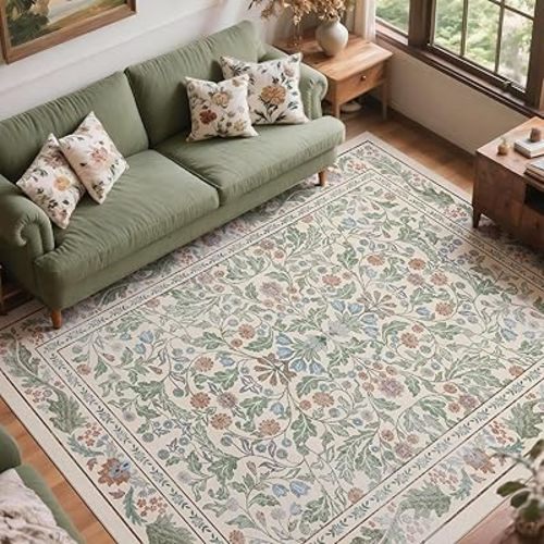 Beige Floral 8x10 Area Rugs for Living Room Large Washable Rug Vintage Forest Low Pile Non Slip Stain Resistance Soft Carpet for Dining Room, Bedroom, Office Rug, Kids Room, Nursery Room, Playroom
