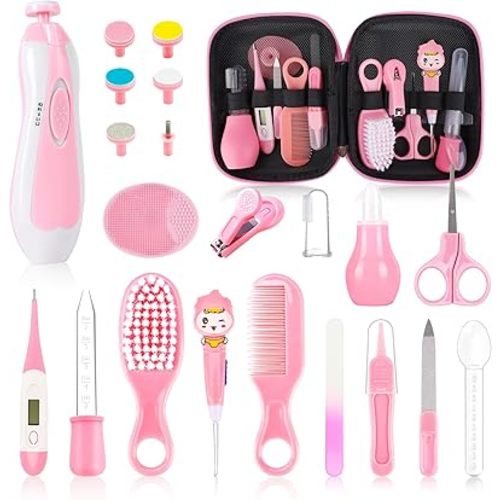 Baby Healthcare and Grooming Kit,22 in 1 Baby Electric Nail Trimmer Set, Baby Grooming Kit,Newborn Nursery Health Care Set,Infant Comb,for Newborn Infant Toddler Kids (Pink)