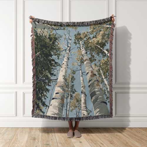 Aspen Tree Canopy Tapestry, Serene Forest Woven Blanket, Cottagecore Woodland Decor