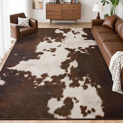 Foxmas 5x7 Feet Area Rugs for Living Room, Machine Washable Cow Print Rug, Low Pile Non-Slip Indoor Floor Animal Rug, Carpet for Bedroom Dining Room Laundry Room Western Kitchen Home Office