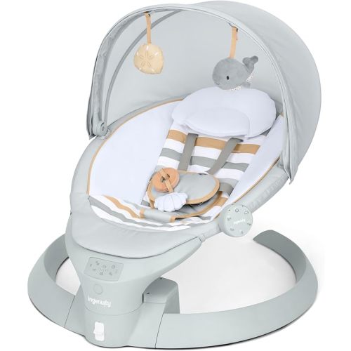 Ingenuity Inlighten Bounce & Sway Swing, Bluetooth Music, Canopy with Lights & Toys, Touch & Remote Controls, 3-in-1 Seat Modes, Machine Washable Pad, Ages 0+ Pebble Shore