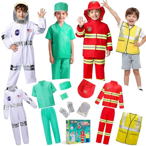 LOYO Kids Dress Up Clothes, 4 in 1 Role Play Halloween Costumes for 3-8 Yr | Four complete career outfits for pretend play at home,preschool, Career Day & parties,help kids enjoy role-based play daily