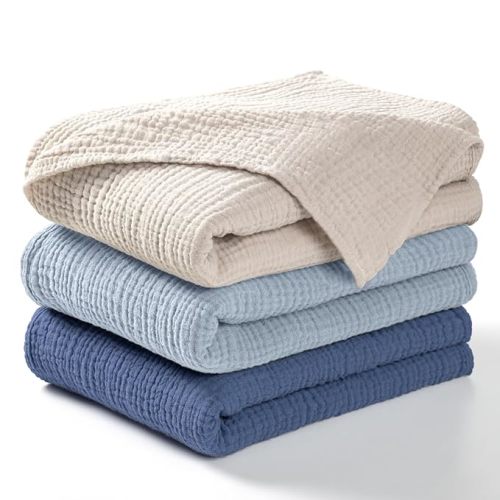 Muslin Swaddle Blanket Baby - Cotton Swaddling Blanket Soft Baby Receiving Blanket Neutral 3Pack(Navy) - 3-ocean - Solid-3 Pack