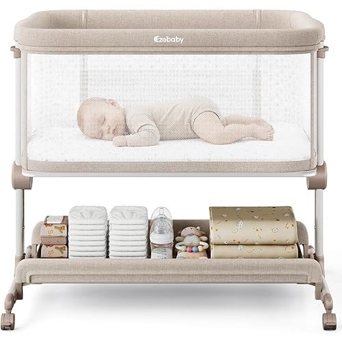 Ezebaby Baby Bassinets Bedside Sleeper, Portable Bedside Bassinet for Baby Newborn Infants with Adjustable 7 Heights and All Mesh Sides, Newborn Crib with Mattress and Soft, Breathable Sheet